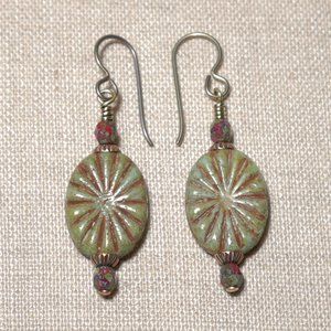 Hand Crafted Handmade Earrings Olive & Rust Oval Czech Beaded Earrings